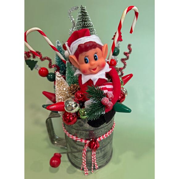 Vintage Knee Hugger Pixie Elf Christmas Assemblage in Flour Sifter Holiday Decor - Picture 2 of 8